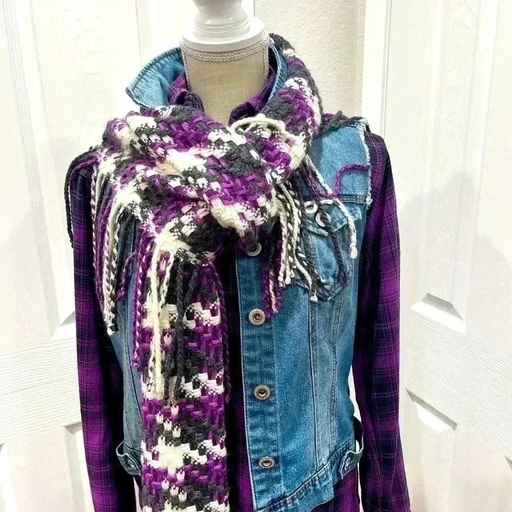 3 pc Lot: Original flannel shirt, Highway jeans denim vest and scarf plaid